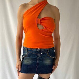 y2k vintage orange asymmetrical cut outs single strap tank bandeau tube crop top